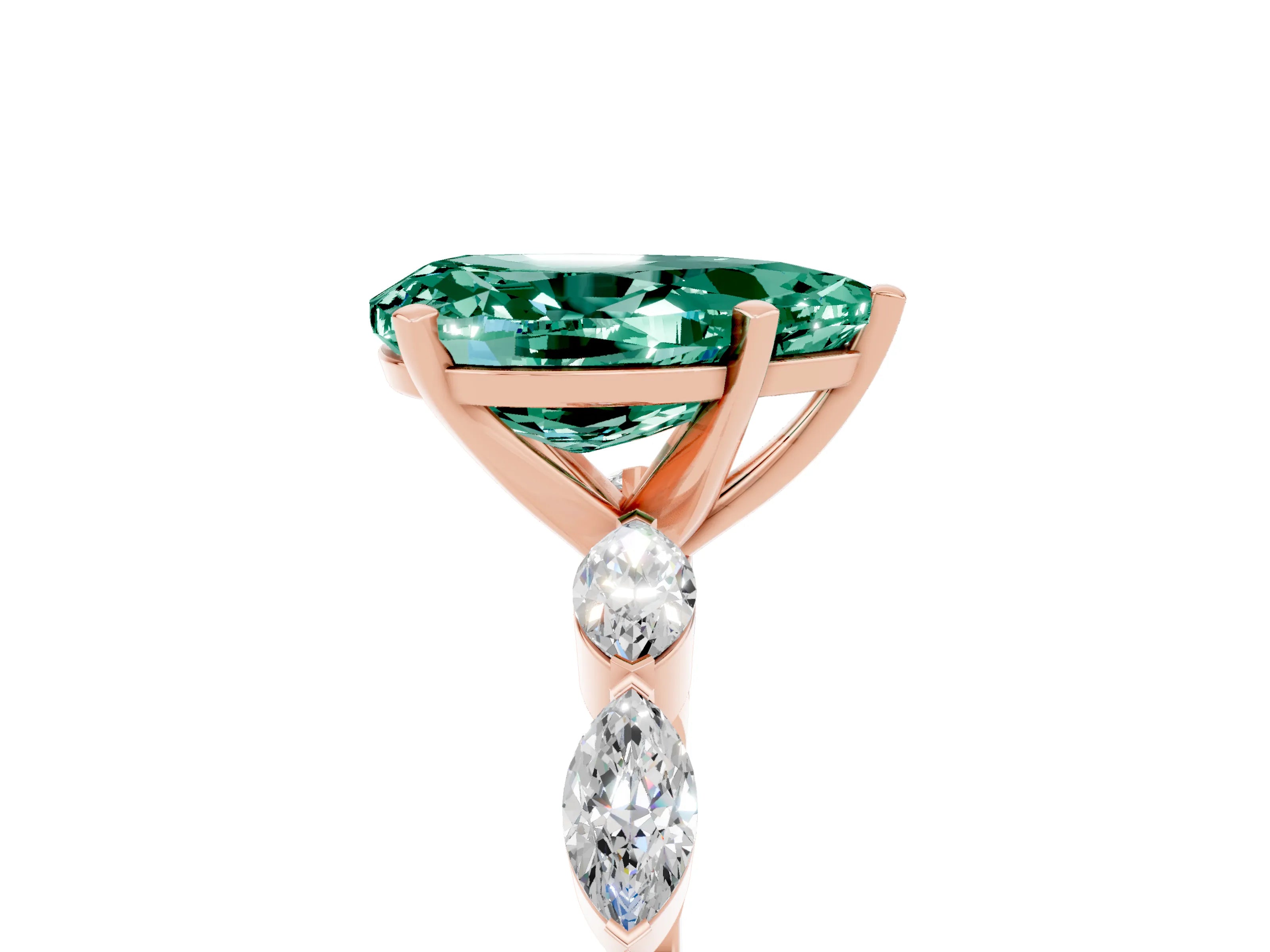 Rose gold Pear Cut Green Sapphire Ring with Marquise Side Stones and Prong Setting_5