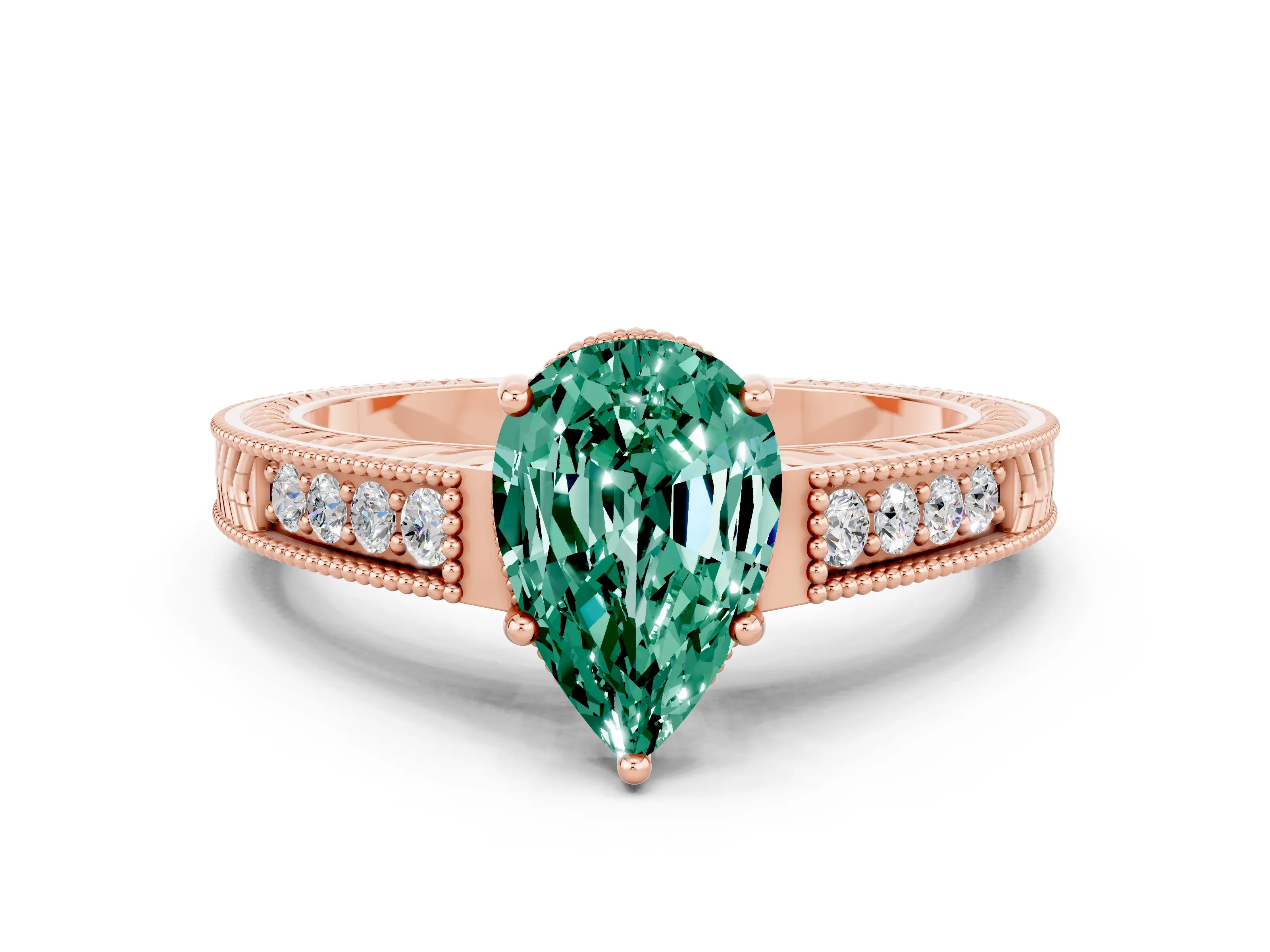 Rose gold Pear Cut Green Sapphire Ring with Milgrain Pavé Band and Four-Prong Setting_12
