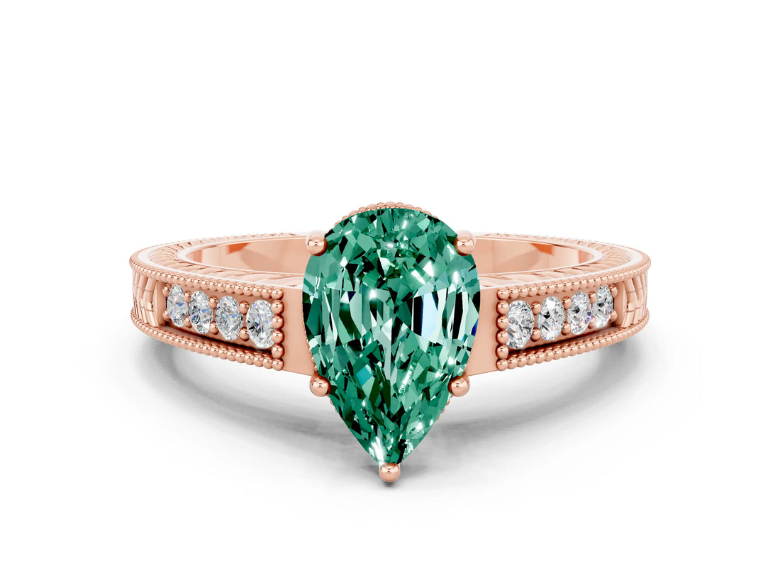 Rose gold Pear Cut Green Sapphire Ring with Milgrain Pavé Band and Four-Prong Setting_12