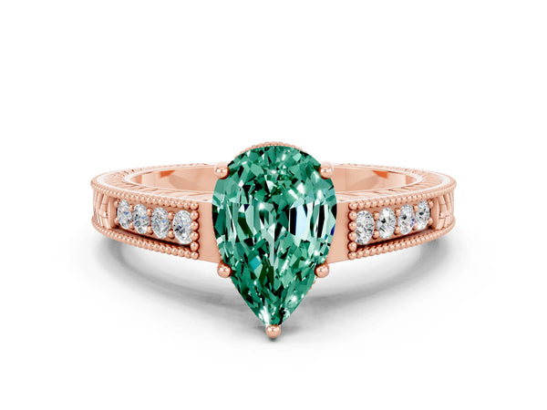 Rose gold Pear Cut Green Sapphire Ring with Milgrain Pavé Band and Four-Prong Setting