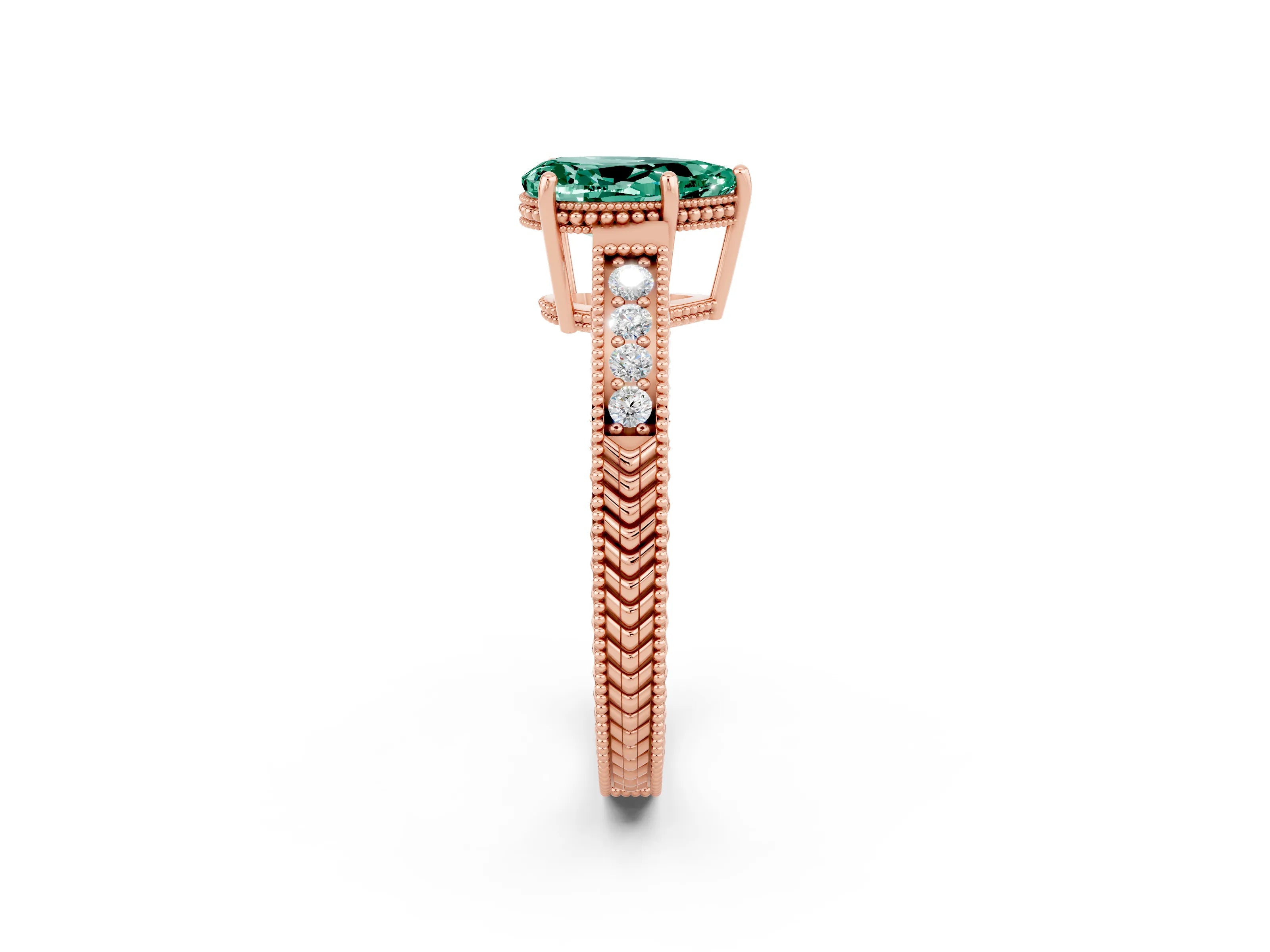 Rose gold Pear Cut Green Sapphire Ring with Milgrain Pavé Band and Four-Prong Setting_14