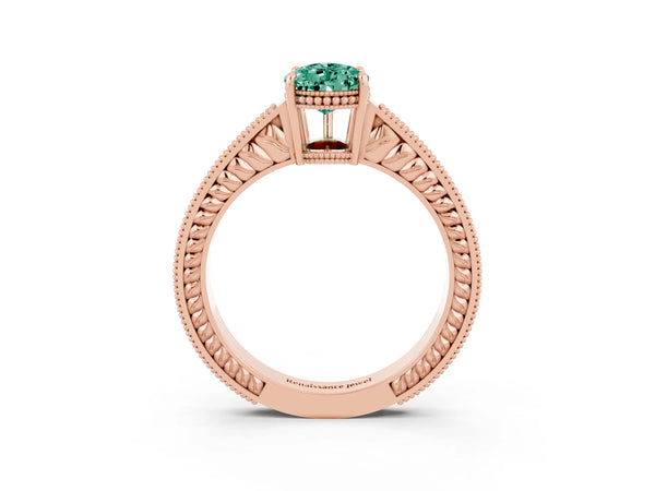Rose gold Pear Cut Green Sapphire Ring with Milgrain Pavé Band and Four-Prong Setting