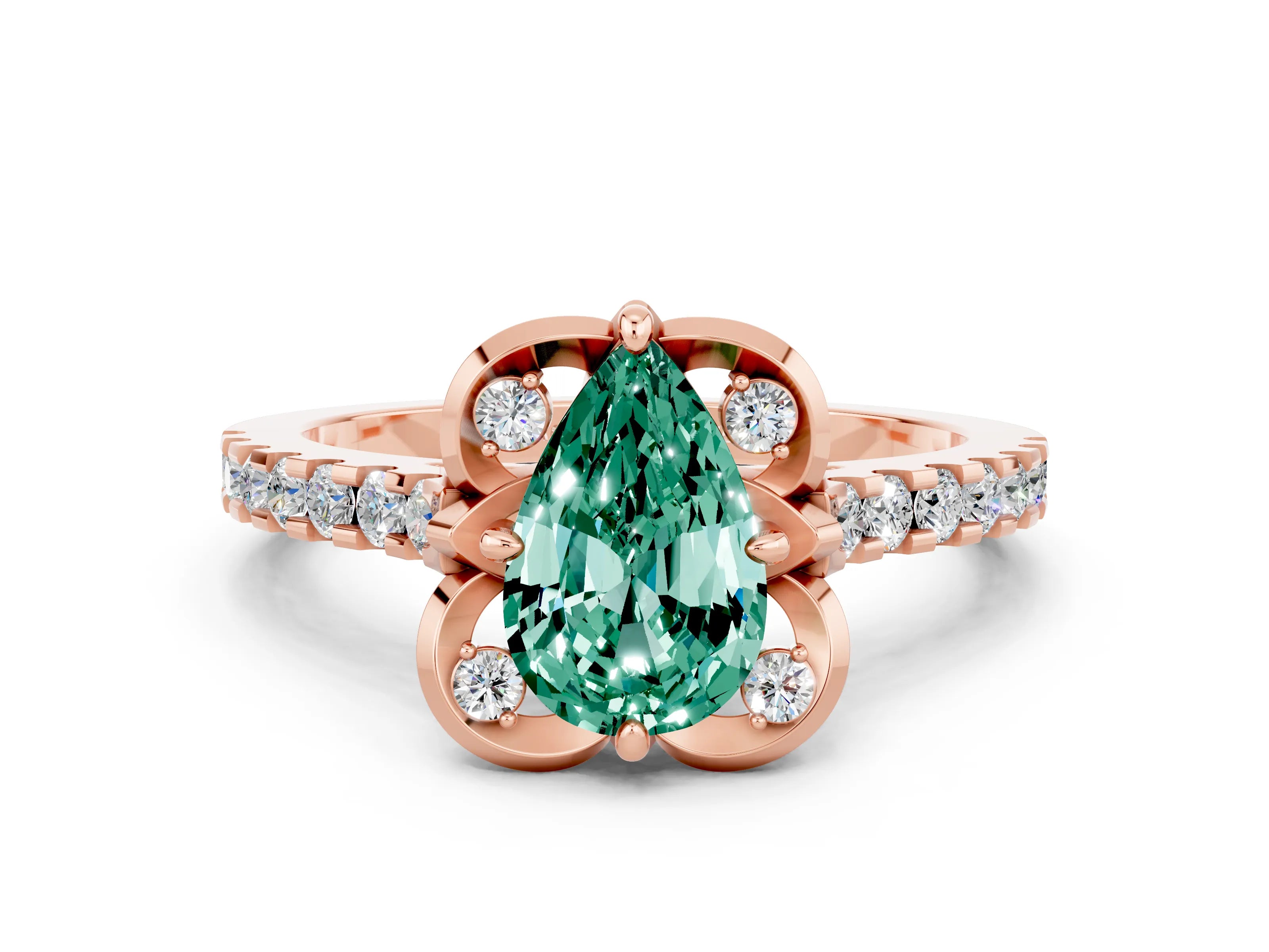 Rose gold Pear Cut Green Sapphire Ring with Pavé Band and Floral Prong Setting