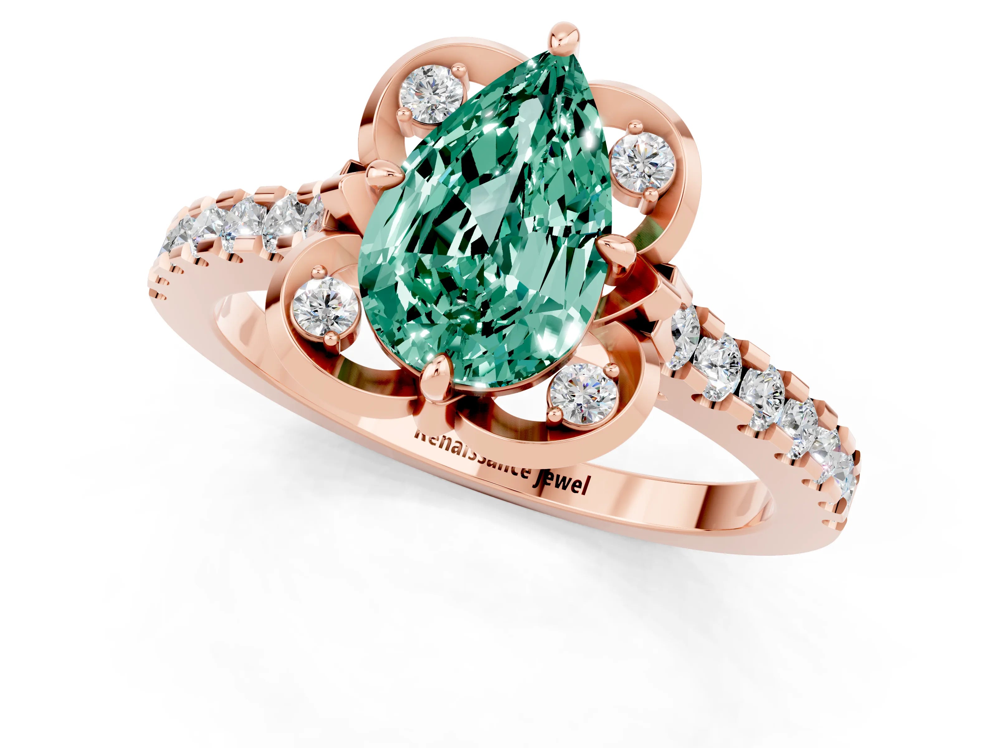 Rose gold Pear Cut Green Sapphire Ring with Pavé Band and Floral Prong Setting_1