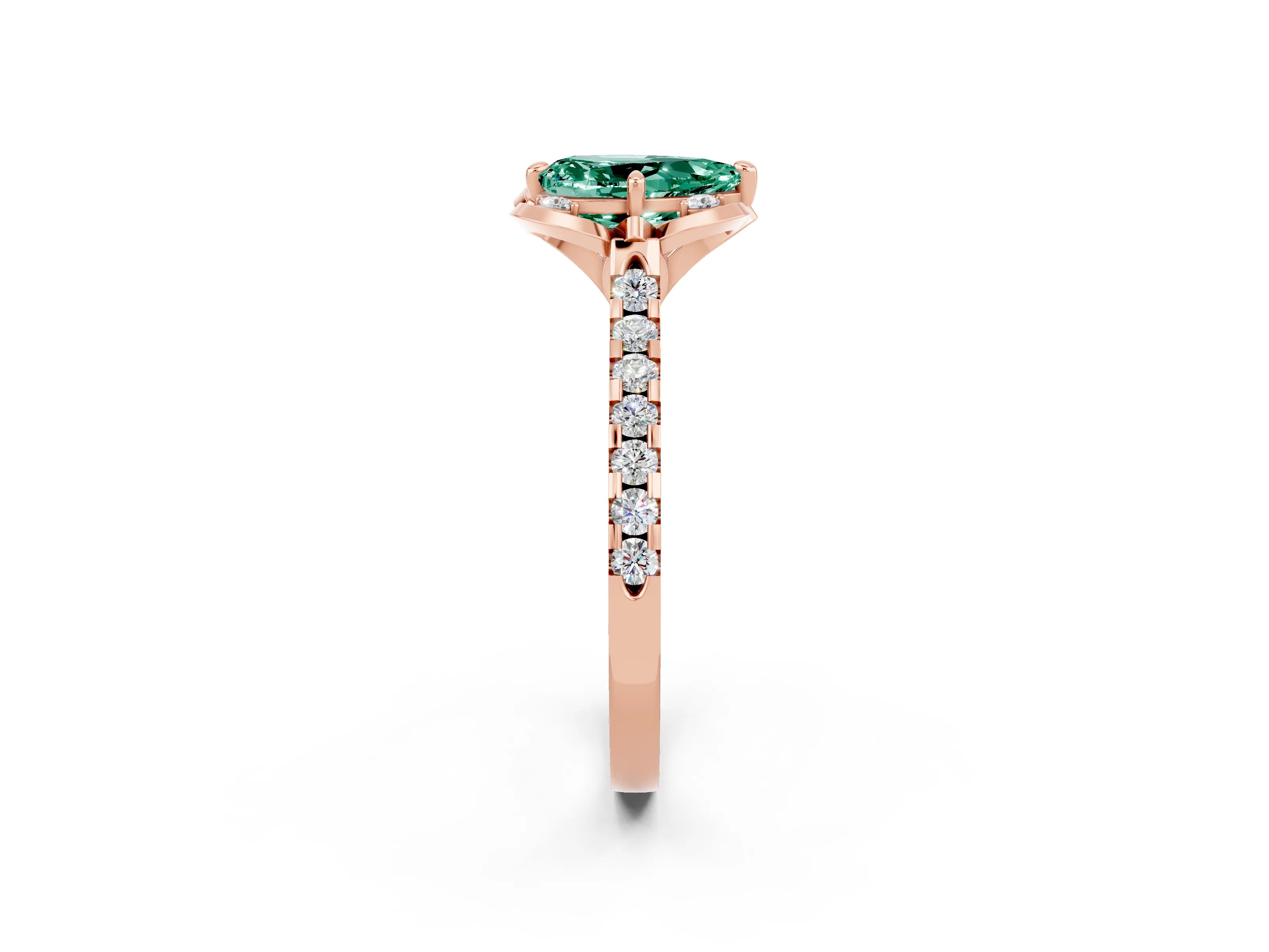 Rose gold Pear Cut Green Sapphire Ring with Pavé Band and Floral Prong Setting_2