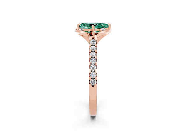 Rose gold Pear Cut Green Sapphire Ring with Pavé Band and Floral Prong Setting