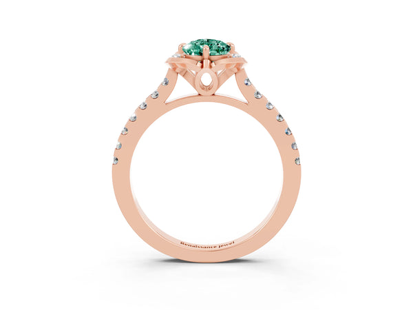 Rose gold Pear Cut Green Sapphire Ring with Pavé Band and Floral Prong Setting