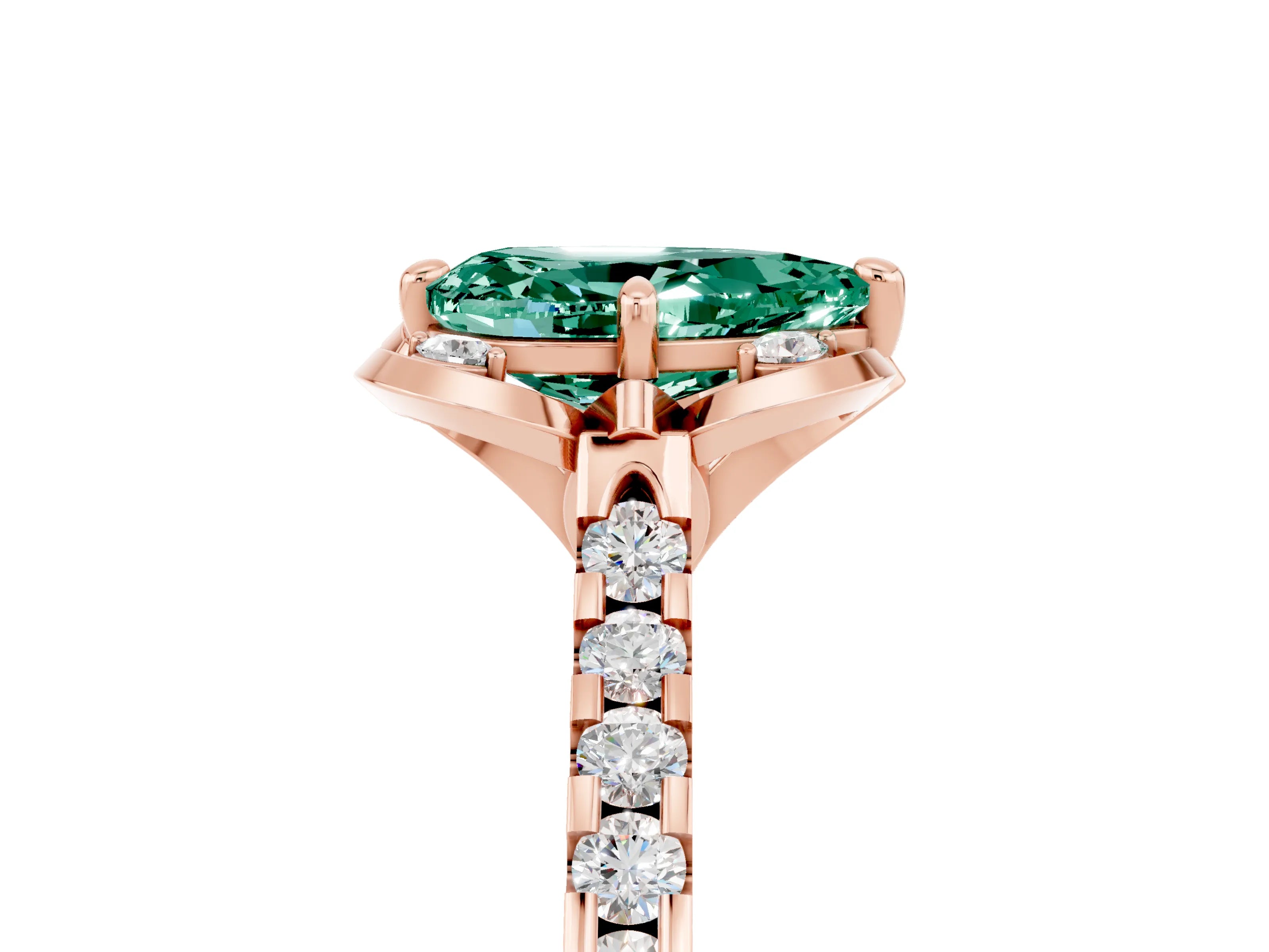 Rose gold Pear Cut Green Sapphire Ring with Pavé Band and Floral Prong Setting_5