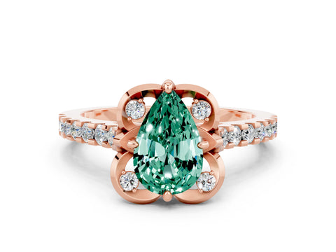 Rose gold Pear Cut Green Sapphire Ring with Pavé Band and Floral Prong Setting
