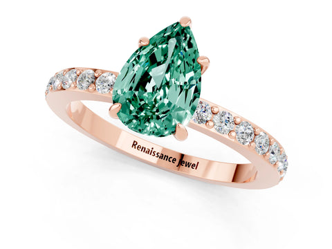 Rose gold Pear Cut Green Sapphire Ring with Pavé Band and Four-Prong Setting_1