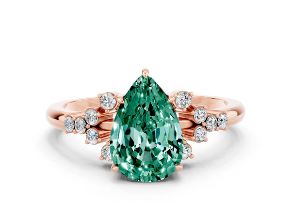 Rose gold Pear Cut Green Sapphire Ring with Side Stones and Four-Prong Setting