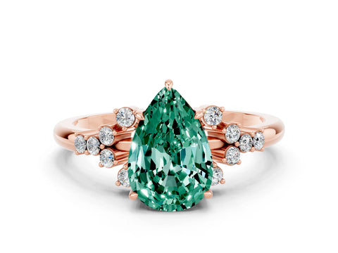 Rose gold Pear Cut Green Sapphire Ring with Side Stones and Four-Prong Setting_36