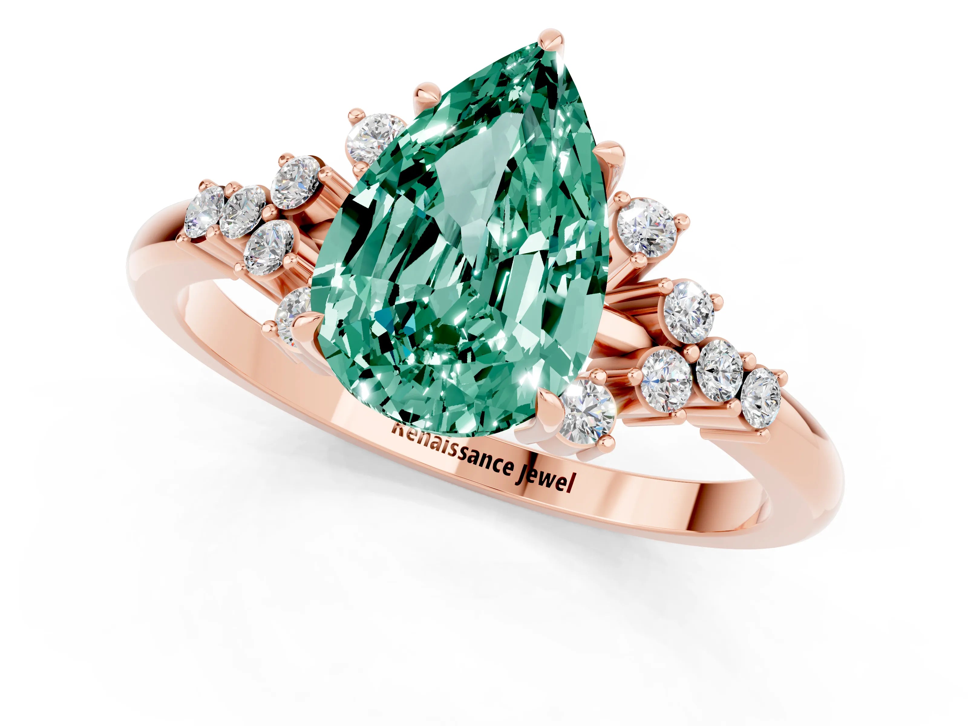 Rose gold Pear Cut Green Sapphire Ring with Side Stones and Four-Prong Setting_37