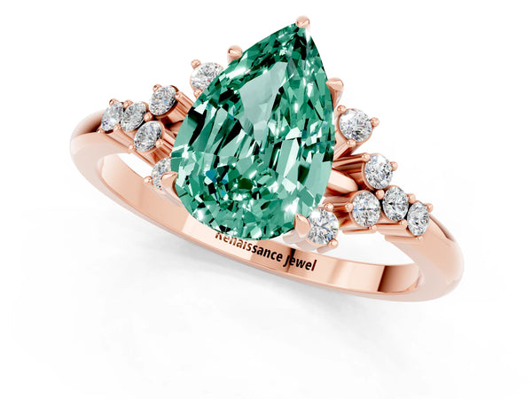 Rose gold Pear Cut Green Sapphire Ring with Side Stones and Four-Prong Setting