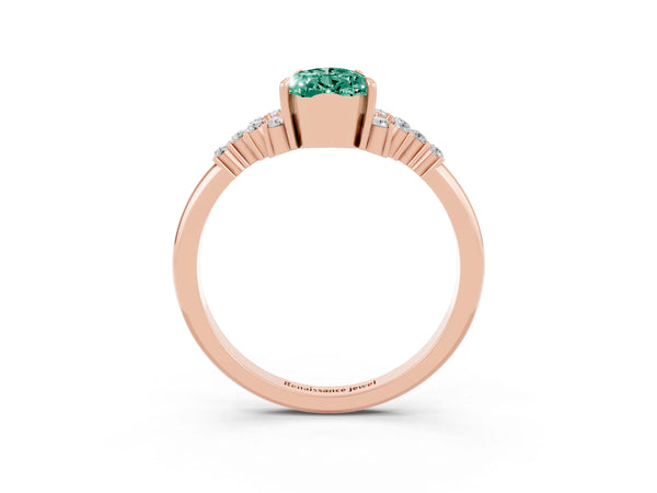 Rose gold Pear Cut Green Sapphire Ring with Side Stones and Four-Prong Setting