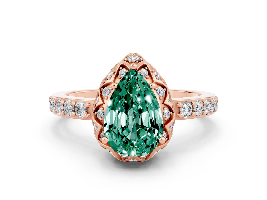 Rose gold Pear Cut Green Sapphire Scalloped Halo Engagement Ring with Round Shared Prong Band_24