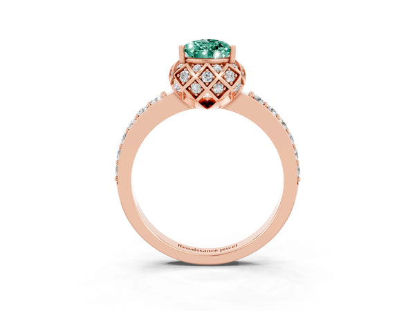Rose gold Pear Cut Green Sapphire Scalloped Halo Engagement Ring with Round Shared Prong Band