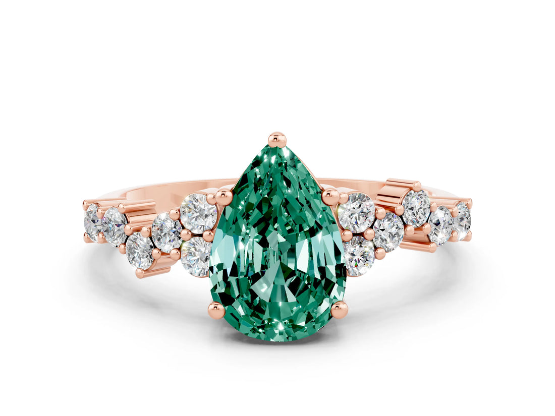 Rose gold Pear Cut Green Sapphire Scattered Round Accent Ring with Prong Setting_12