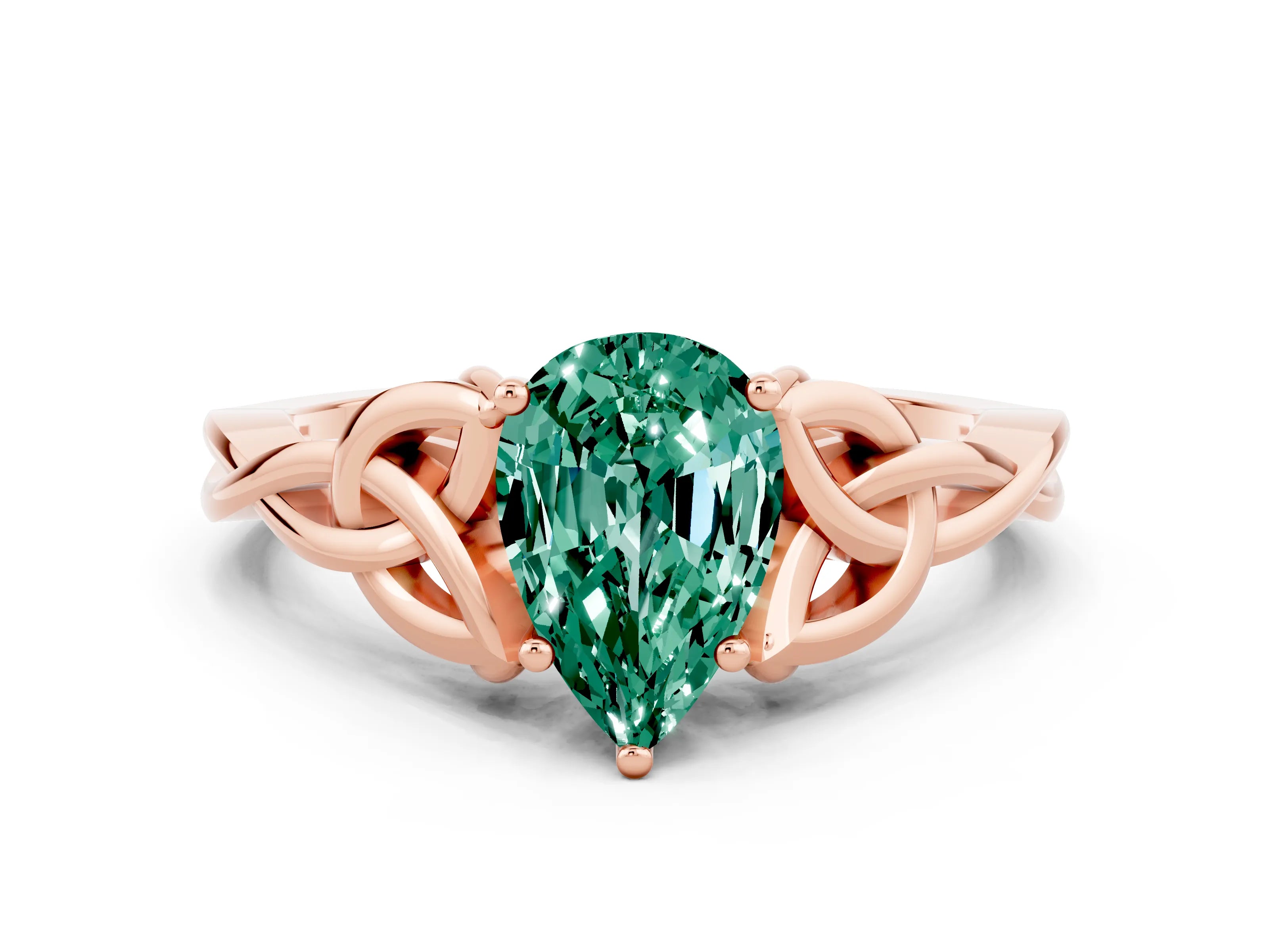 Rose gold Pear Cut Green Sapphire Solitaire Celtic Knot Ring with Four-Prong Setting_12
