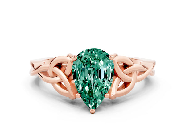 Rose gold Pear Cut Green Sapphire Solitaire Celtic Knot Ring with Four-Prong Setting