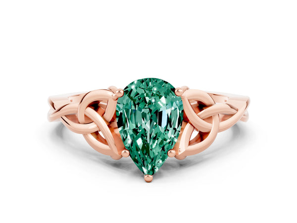 Rose gold Pear Cut Green Sapphire Solitaire Engagement Ring with Celtic Knot Band and Four-Prong Setting