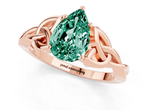 Rose gold Pear Cut Green Sapphire Solitaire Engagement Ring with Celtic Knot Band and Four-Prong Setting_1