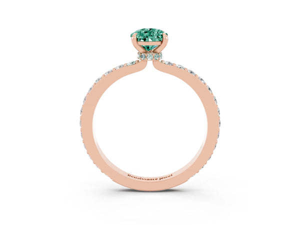 Rose gold Pear Cut Green Sapphire Solitaire Engagement Ring with Pavé Band and Four-Prong Setting