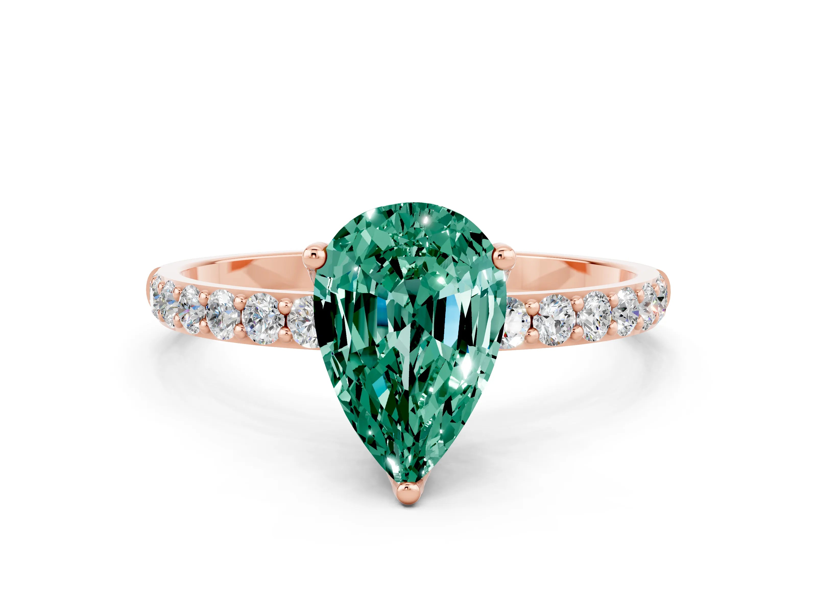 Rose gold Pear Cut Green Sapphire Solitaire Engagement Ring with Pavé Band and Prong Setting