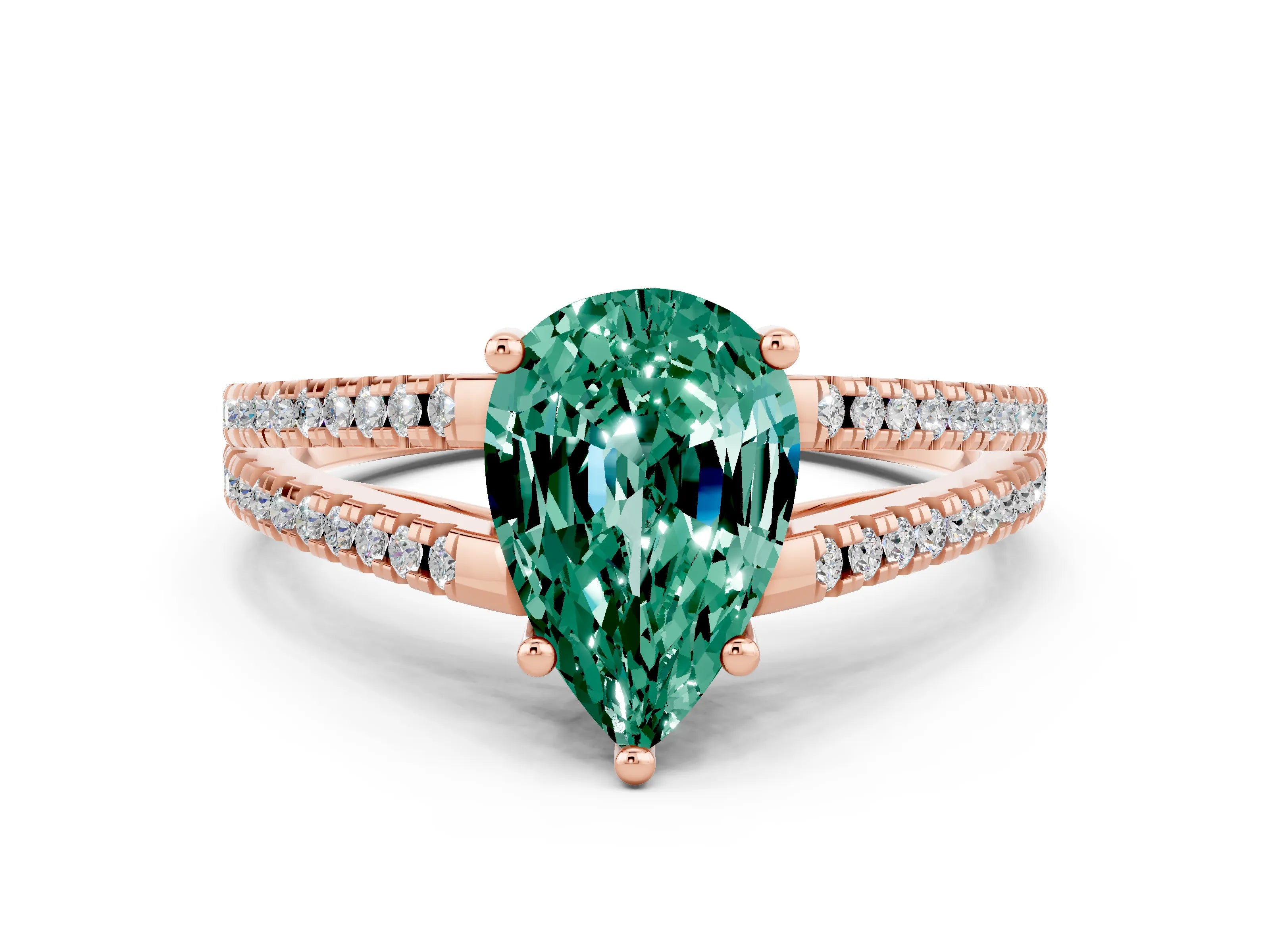 Rose gold Pear Cut Green Sapphire Solitaire Engagement Ring with Split Shank Pavé Band