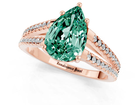 Rose gold Pear Cut Green Sapphire Solitaire Engagement Ring with Split Shank Pavé Band_1