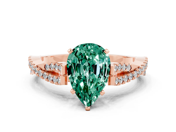 Rose gold Pear Cut Green Sapphire Solitaire Engagement Ring with Twisted Pavé Band and Four-Prong Setting