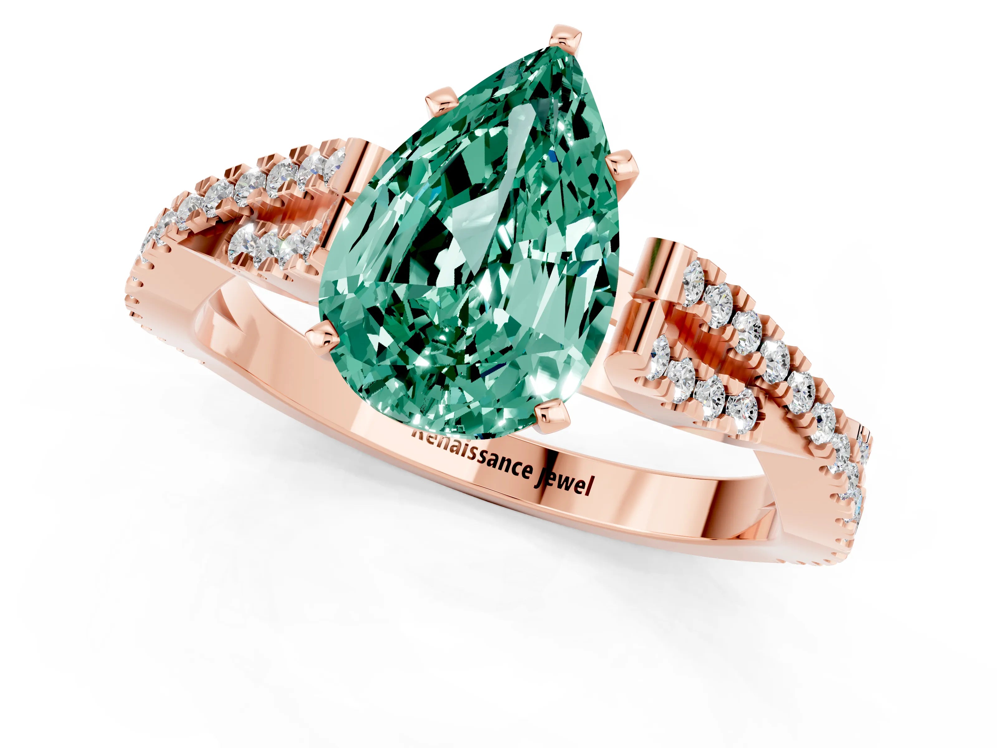 Rose gold Pear Cut Green Sapphire Solitaire Engagement Ring with Twisted Pavé Band and Four-Prong Setting_1