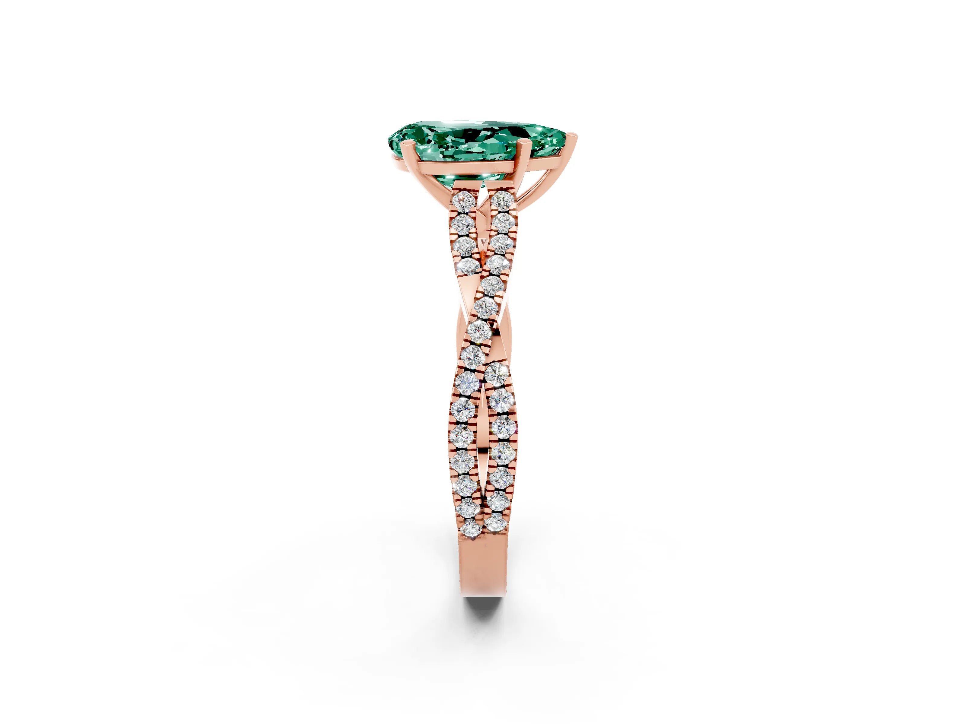 Rose gold Pear Cut Green Sapphire Solitaire Engagement Ring with Twisted Pavé Band and Four-Prong Setting_2