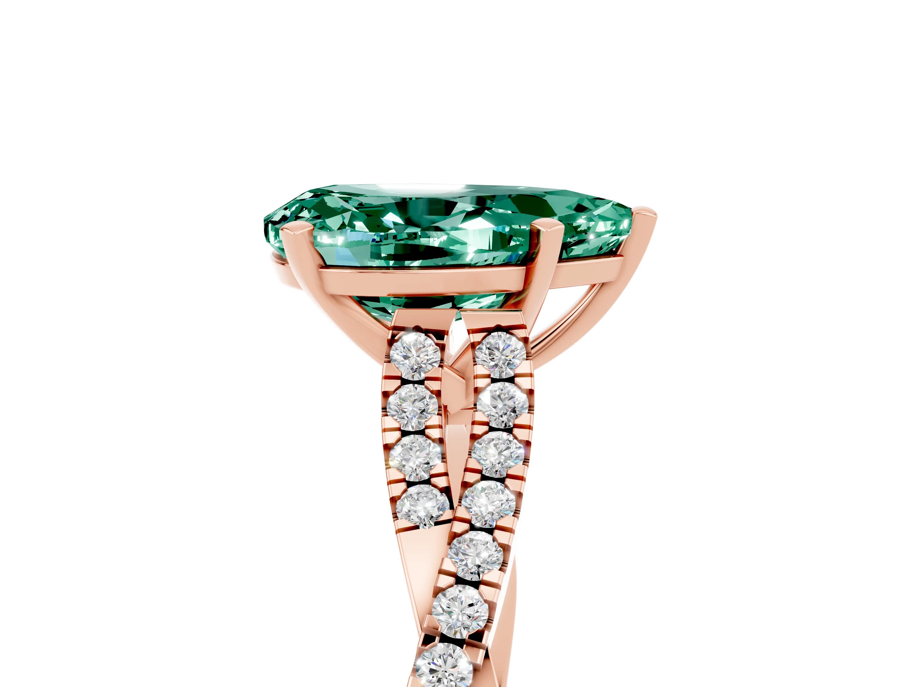 Rose gold Pear Cut Green Sapphire Solitaire Engagement Ring with Twisted Pavé Band and Four-Prong Setting_5