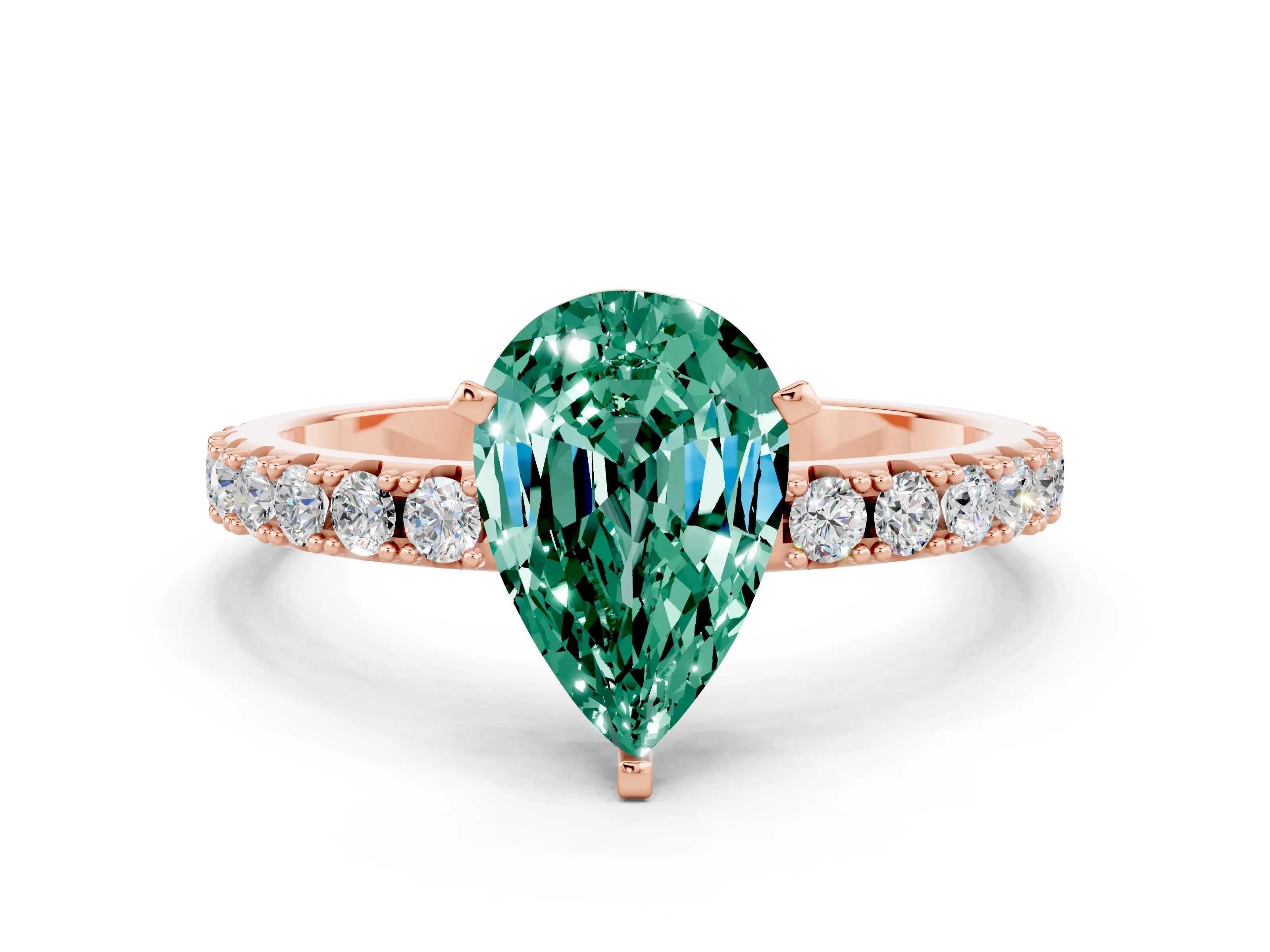 Rose gold Pear Cut Green Sapphire Solitaire Pavé Band with Four-Prong Setting