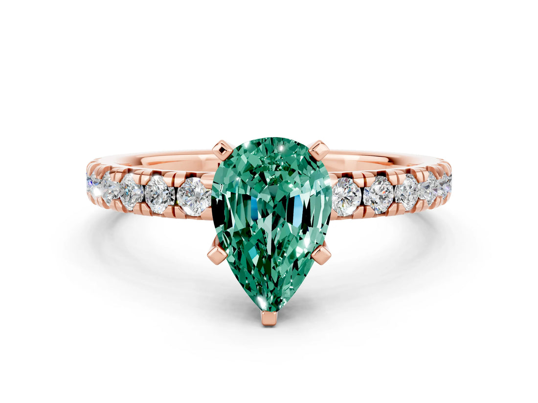Rose gold Pear Cut Green Sapphire Solitaire Pavé Engagement Ring with Round Band and Prong Setting_55