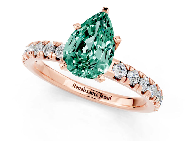 Rose gold Pear Cut Green Sapphire Solitaire Pavé Engagement Ring with Round Band and Prong Setting