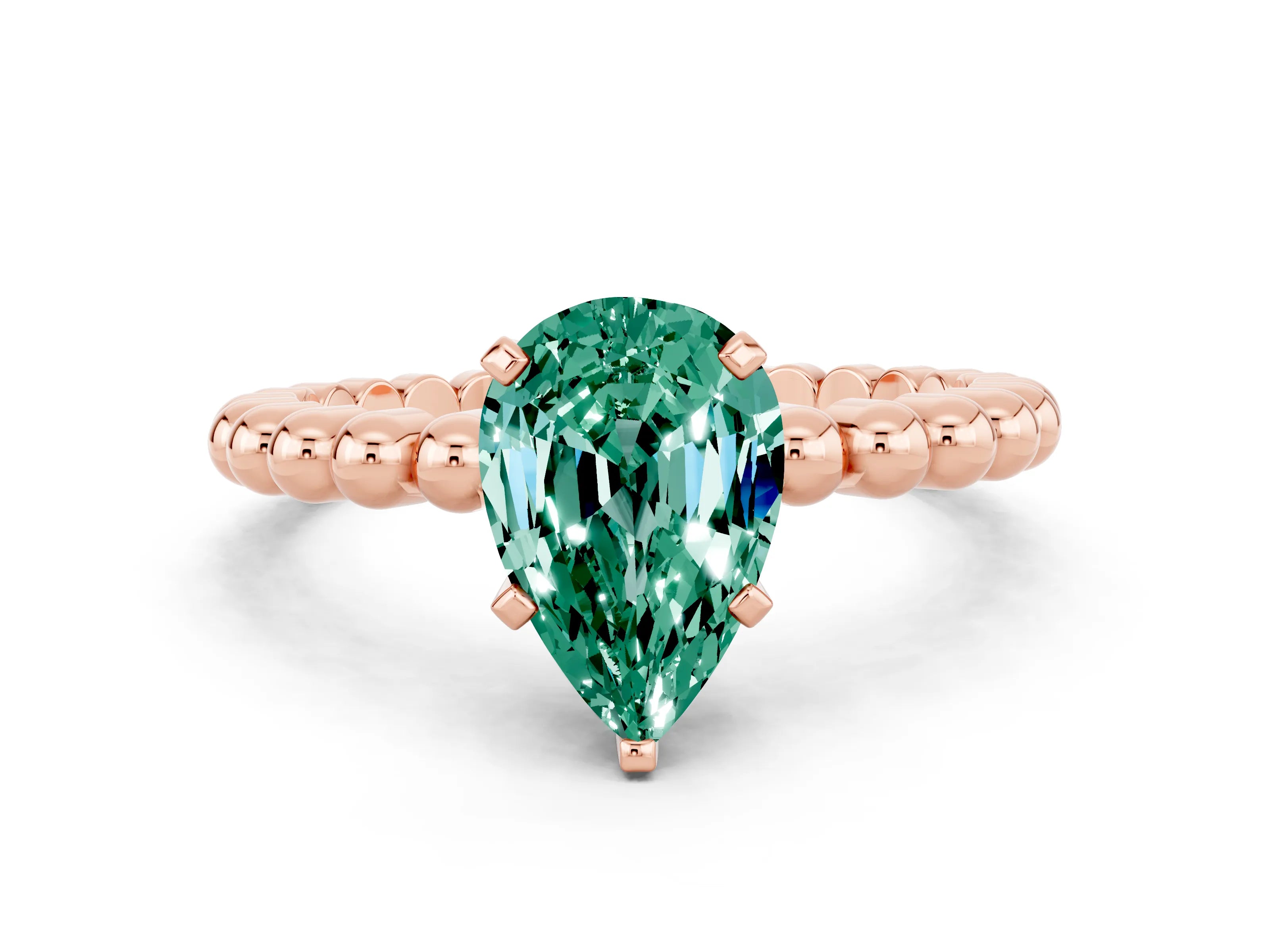 Rose gold Pear Cut Green Sapphire Solitaire Ring with Beaded Band and Prong Setting