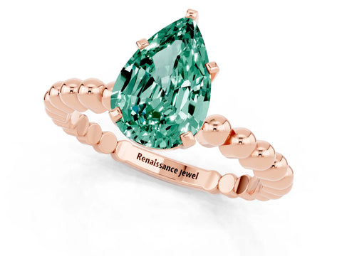 Rose gold Pear Cut Green Sapphire Solitaire Ring with Beaded Band and Prong Setting_1