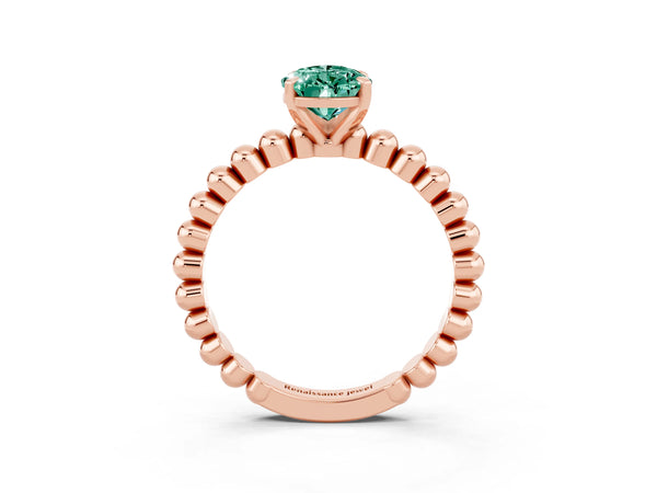 Rose gold Pear Cut Green Sapphire Solitaire Ring with Beaded Band and Prong Setting
