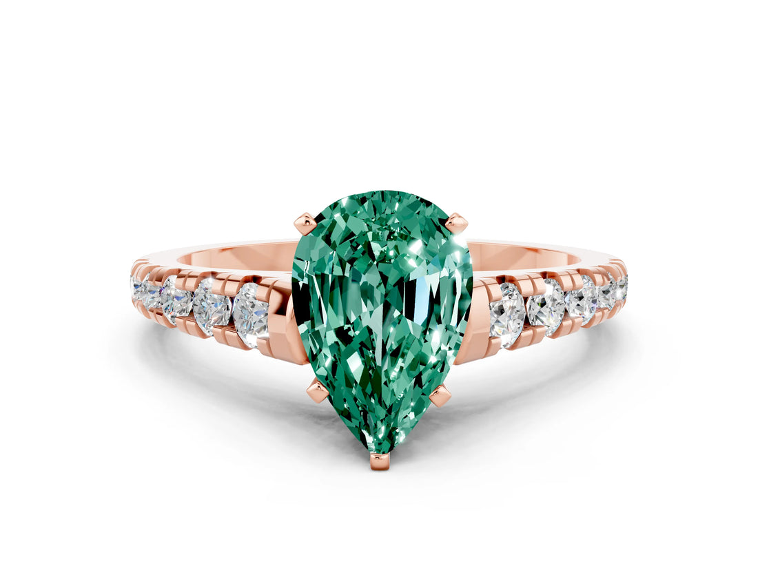 Rose gold Pear Cut Green Sapphire Solitaire Ring with Cathedral Setting and Pavé Band