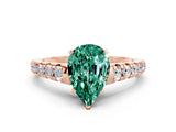 Rose gold Pear Cut Green Sapphire Solitaire Ring with Cathedral Setting and Pavé Band