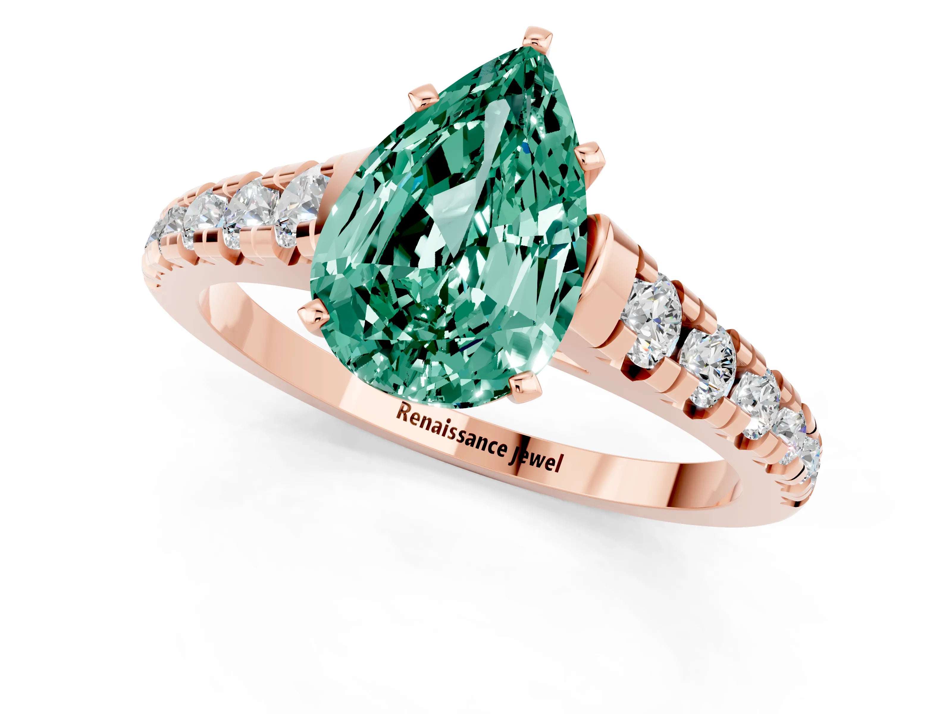 Rose gold Pear Cut Green Sapphire Solitaire Ring with Cathedral Setting and Pavé Band_1