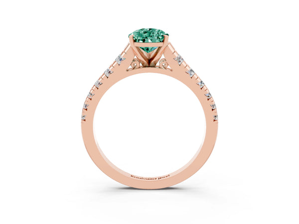 Rose gold Pear Cut Green Sapphire Cathedral Solitaire Ring with Round  Pavé Band