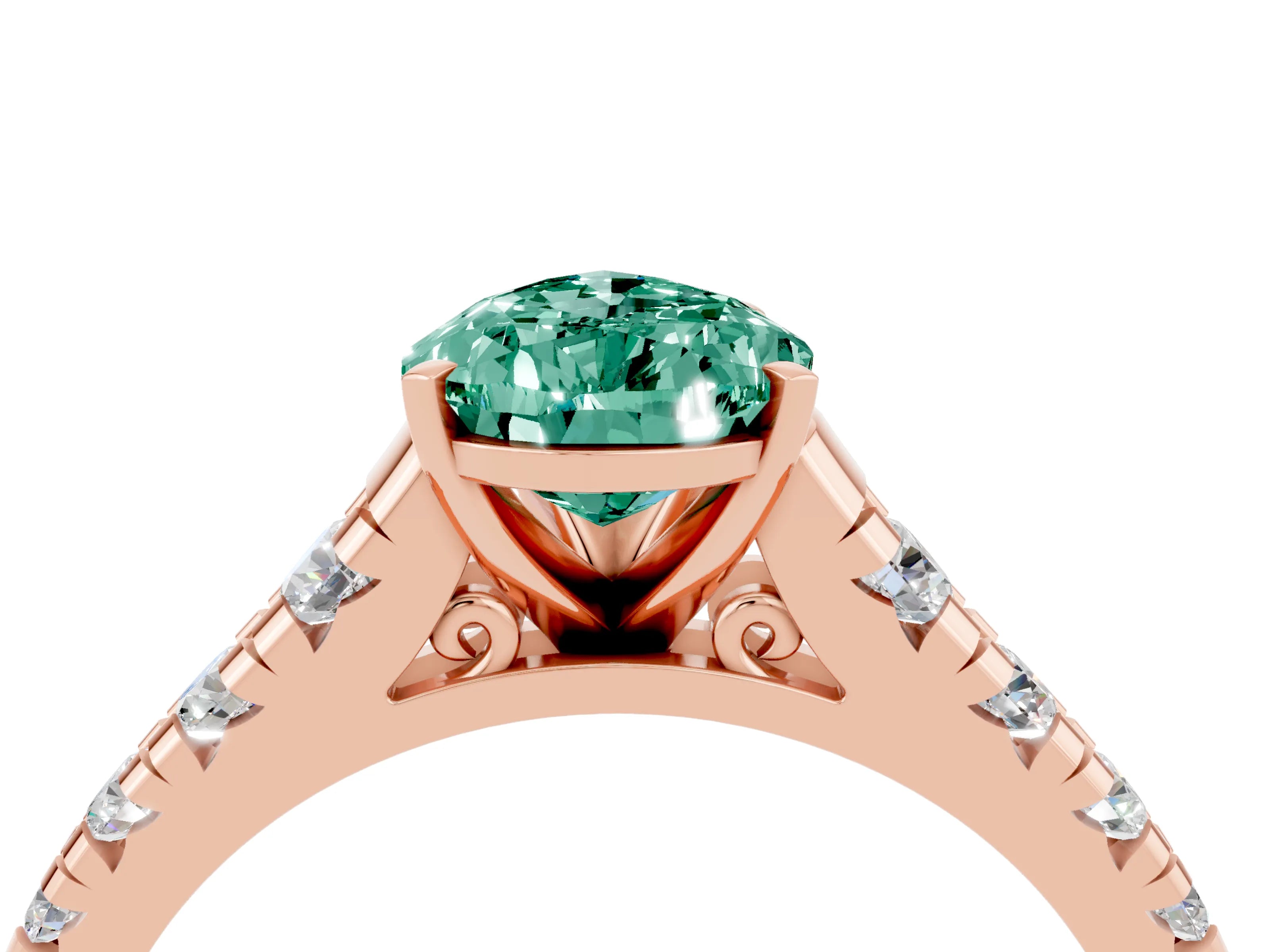 Rose gold Pear Cut Green Sapphire Solitaire Ring with Cathedral Setting and Pavé Band_4