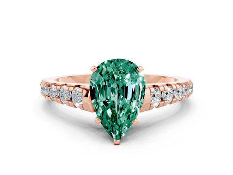 Rose gold Pear Cut Green Sapphire Solitaire Ring with Cathedral Setting and Pavé Band