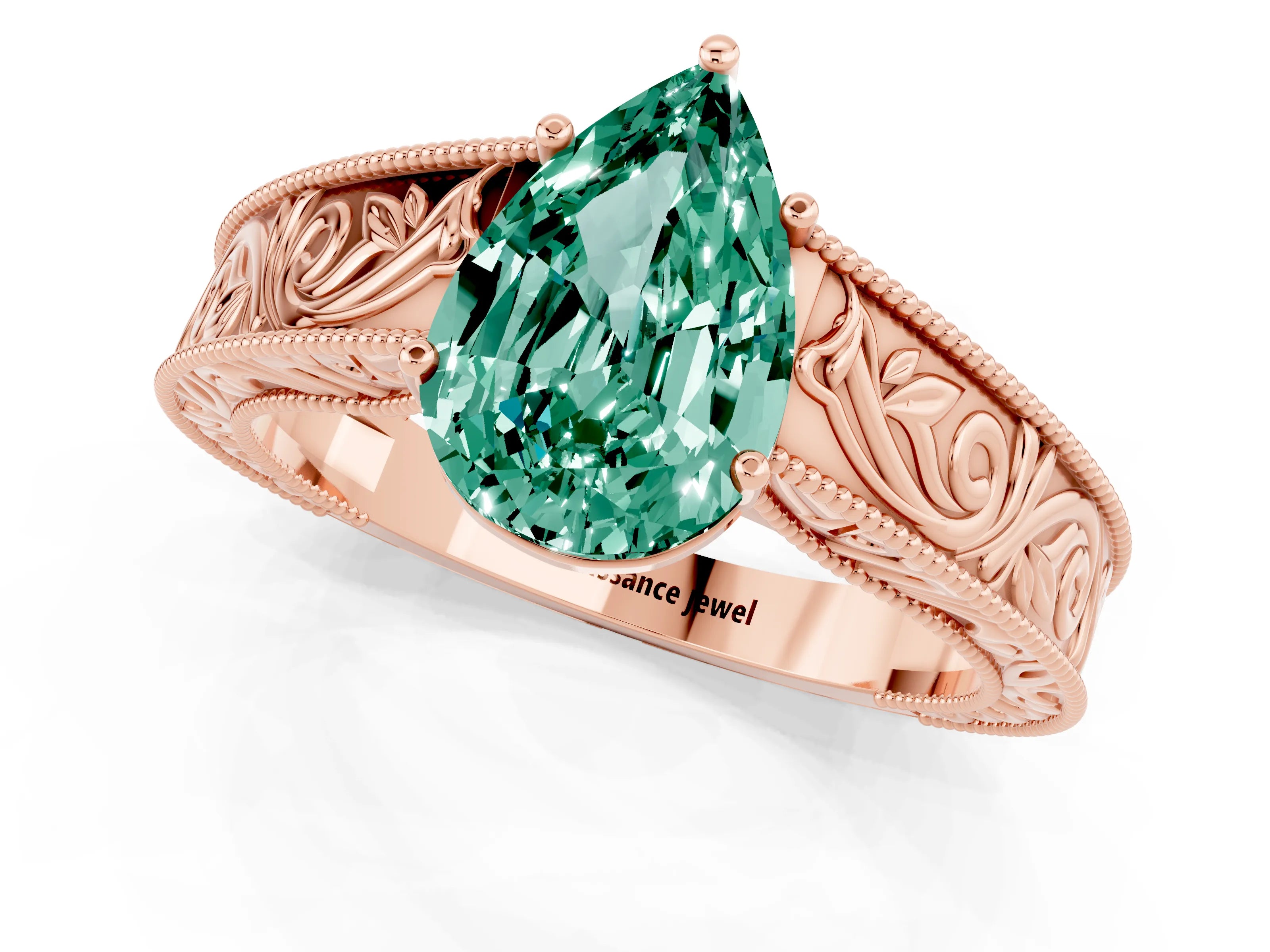 Rose gold Pear Cut Green Sapphire Solitaire Ring with Engraved Band and Four-Prong Setting_1