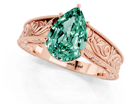 Rose gold Pear Cut Green Sapphire Solitaire Ring with Engraved Band and Four-Prong Setting_1