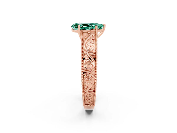 Rose gold Pear Cut Green Sapphire Solitaire Ring with Engraved Band and Four-Prong Setting