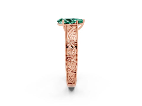 Rose gold Pear Cut Green Sapphire Solitaire Ring with Engraved Band and Four-Prong Setting_2